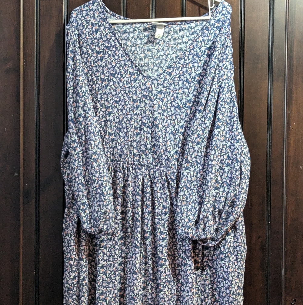 Ava & Viv 2X Long Sleeve Blue Floral Dress Balloon Sleeve, Pockets, Cottagecore